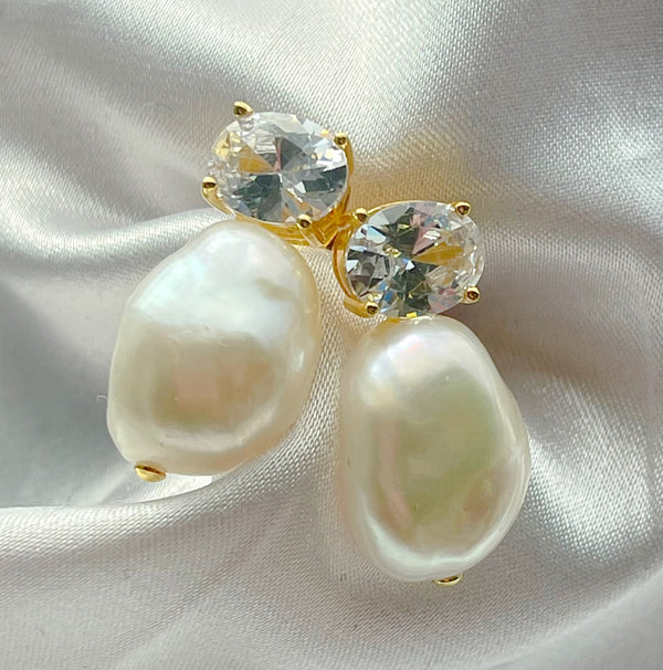 Dee Gold plate freshwater pearl & CZ stud earrings