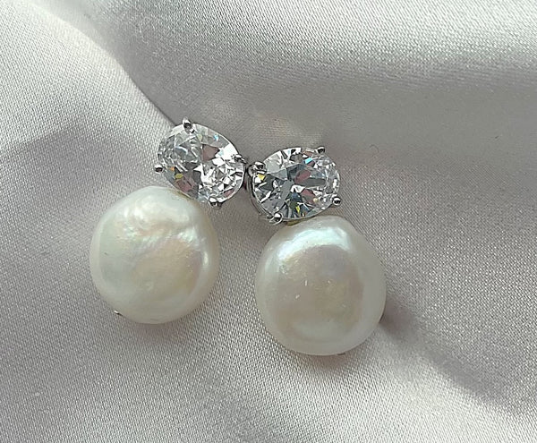 Dee Rhodium Plate Sterling Silver freshwater pearl & CZ stud earrings