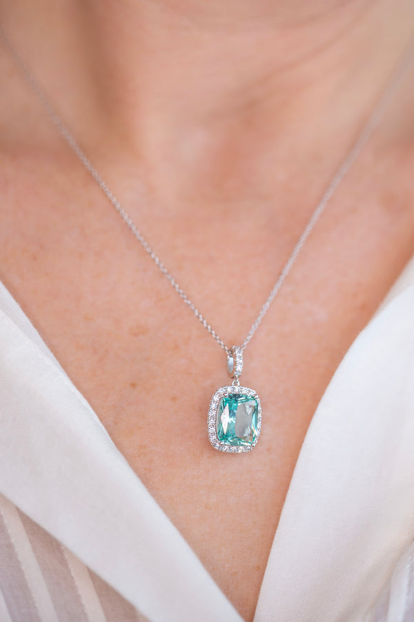 Ainsley Cushion Cut Aqua Green Pendant on Fine Silver Chain