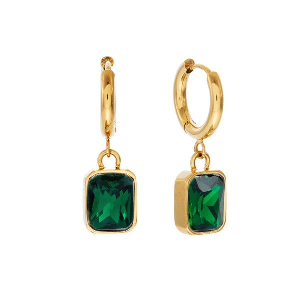 LUNA-Gold Plate Stainless Steel Drop Earring with Green Rectangular CZ
