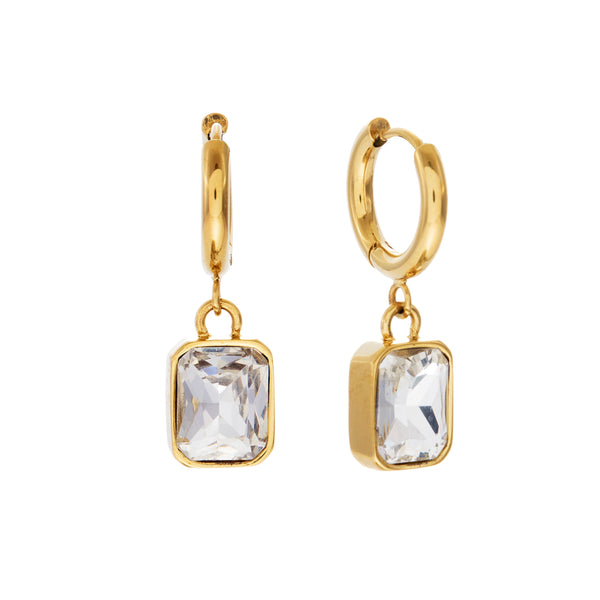 LUNA-Gold Plate Stainless Steel Drop Earring with Clear Rectangular CZ