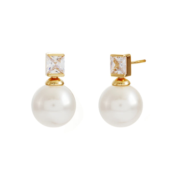 BRONTE- Gold Plate Bezel Set CZand White Pearl Stud Earring
