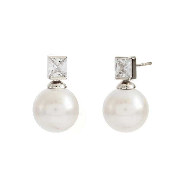BRONTE- Rhodium Bezel Set CZand White Pearl Stud Earring