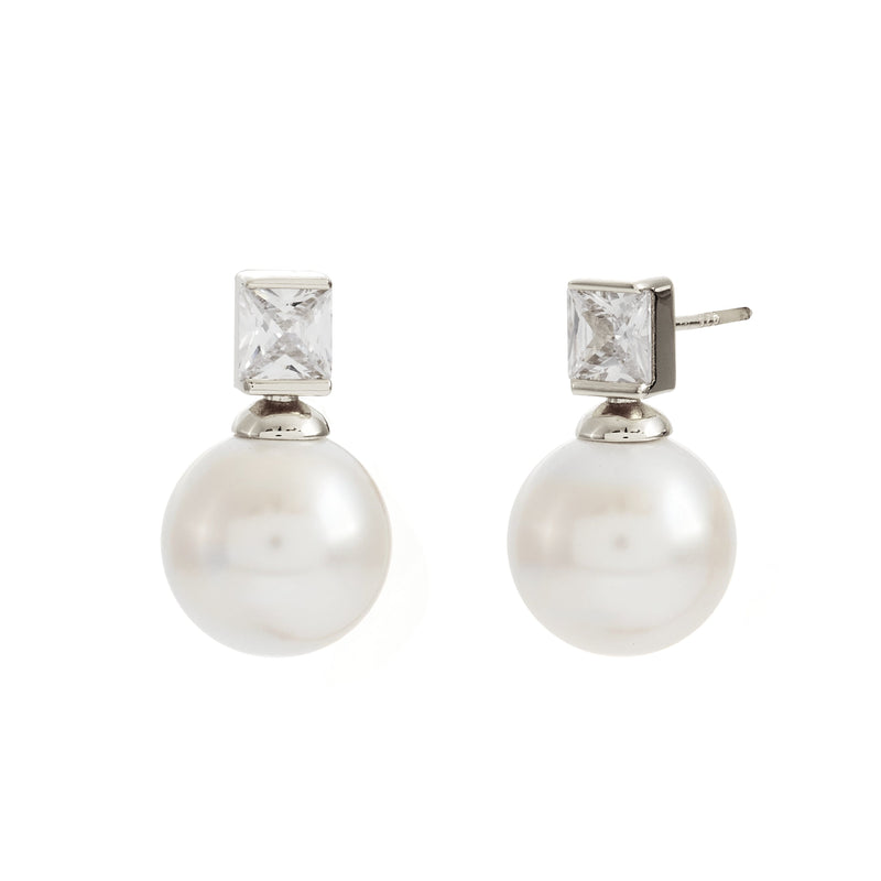 BRONTE- Rhodium Bezel Set CZand White Pearl Stud Earring