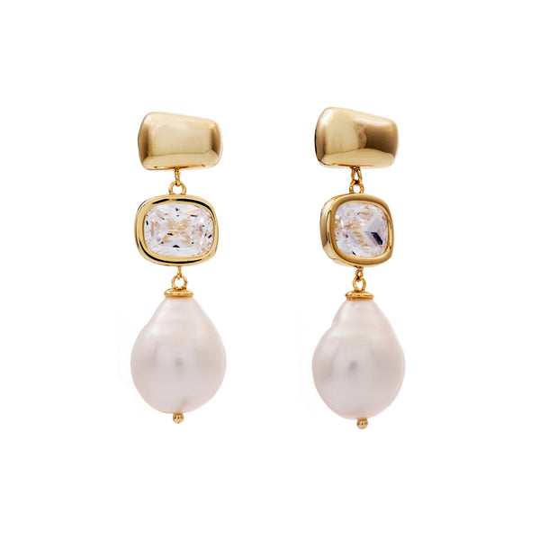 NOVA- Gold Plate, White Freshwater Pearl and CZ Drop Earring