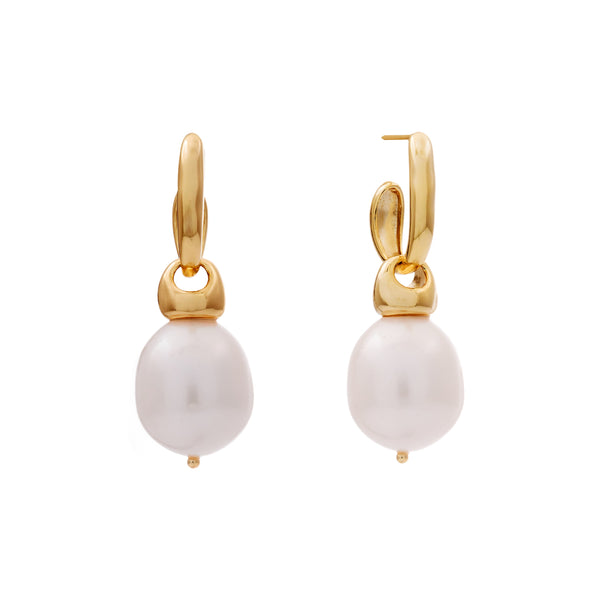 ALAYA- Gold Plate and White Freshwater Pearl C Hoop Earring