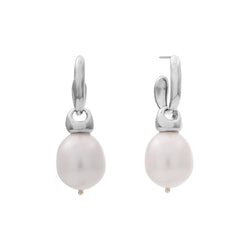 ALAYA- Rhodium and White Freshwater Pearl C Hoop Earring