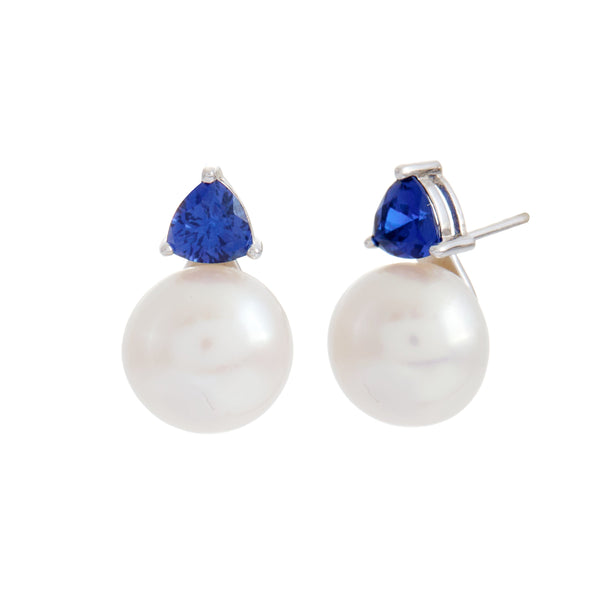 GISELLE- Rhodium & Blue Triangle CZ and White Fresh Water Pearl Stud Earring