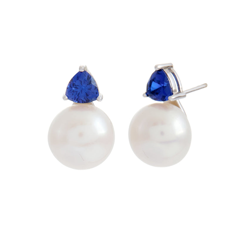 GISELLE- Rhodium & Blue Triangle CZ and White Fresh Water Pearl Stud Earring