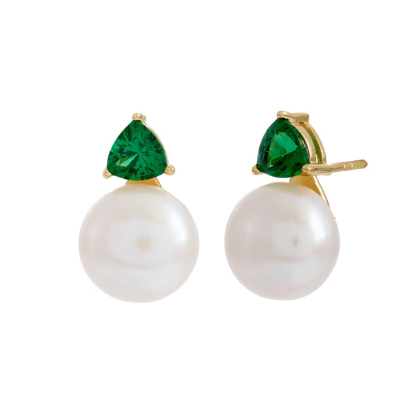 GISELLE- Gold Plate & Green Triangle CZ and White Fresh Water Pearl Stud Earring