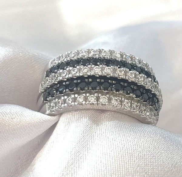Silver Dress Ring 5 row  Black and Clear Cubic Zirconia