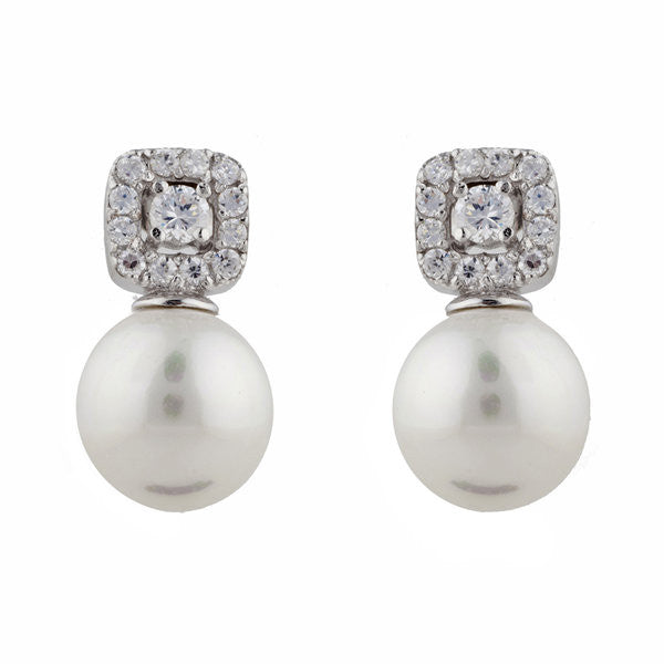 Silver square cubic zirconia & pearl earrings