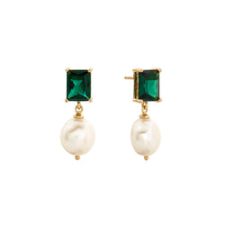 Misty Deep Green Baguette & Pearl Drop Earrings