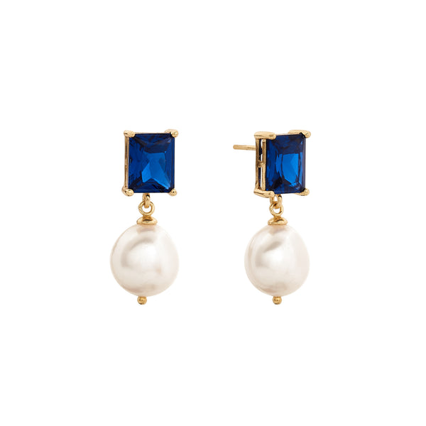 Misty Dark Blue Baguette & Pearl Drop Earrings