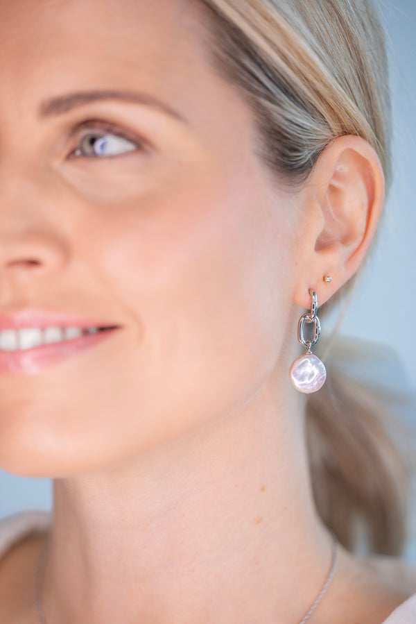 Mimi Freshwater Coin Pearl & Silver Link Drop Earrings