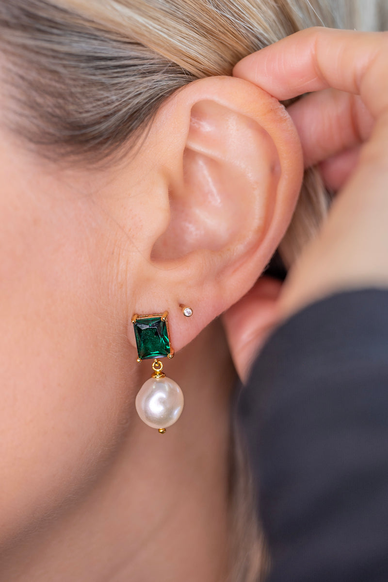 Misty Deep Green Baguette & Pearl Drop Earrings