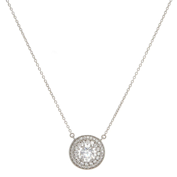 Rhodium Round Cubic Zirconia Pendant on Fine Chain