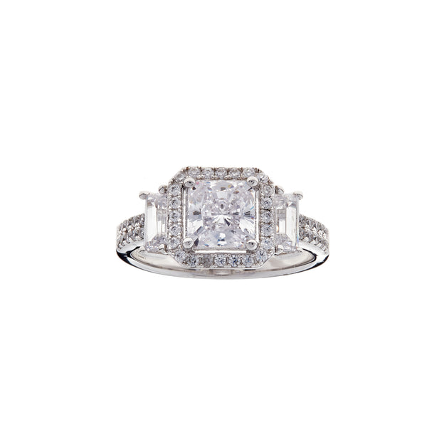 Square and Baguette Cubic Zirconia Silver Micro Pave Dress Ring