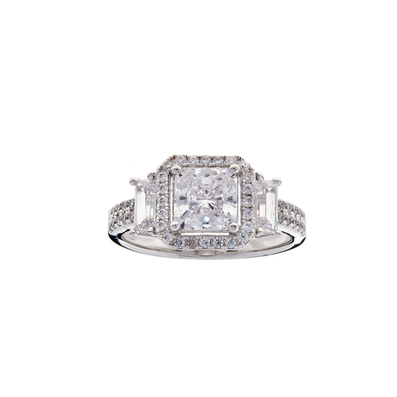 Angel Square and Baguette Cubic Zirconia Silver Micro Pave Dress Ring