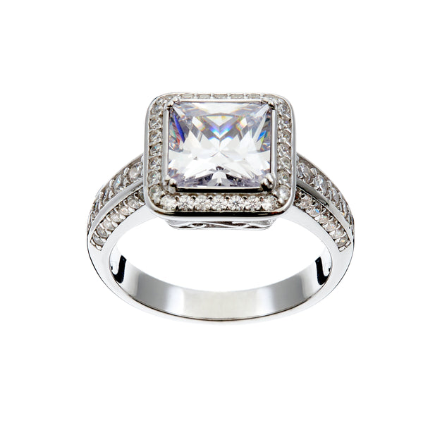 Celine- Rhodium Plate Princess-cut and Clear Micro Paver round Cz Ring