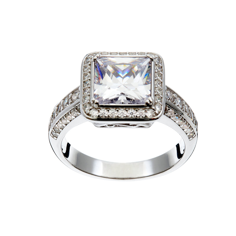 Celine- Rhodium Plate Princess-cut and Clear Micro Paver round Cz Ring