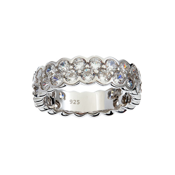 ORELIA- Rhodium Plate eternity band ring featuring two rows of round, clear CZ in a scalloped setting