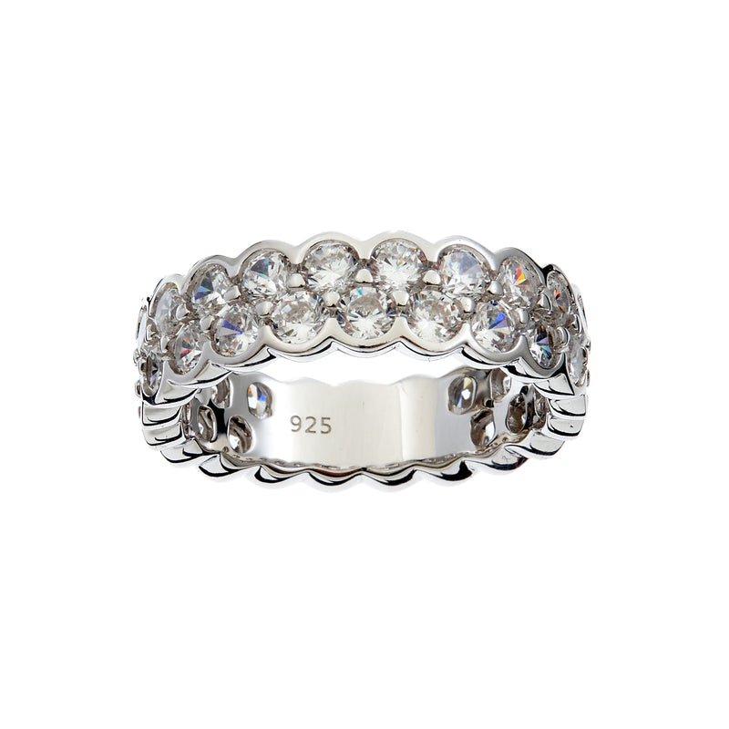 ORELIA- Rhodium Plate eternity band ring featuring two rows of round, clear CZ in a scalloped setting