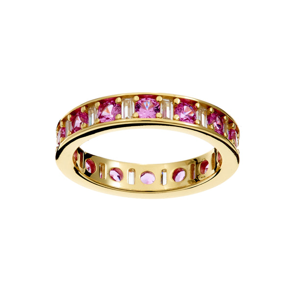 Sophia -Gold eternity band alternating pattern of round pink brilliant-cut and baguette-cut