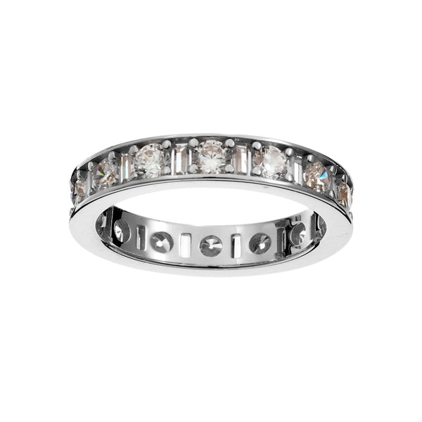 Sophia -Silver eternity band alternating pattern of round brilliant-cut and baguette-cut Cubic Zirconia's