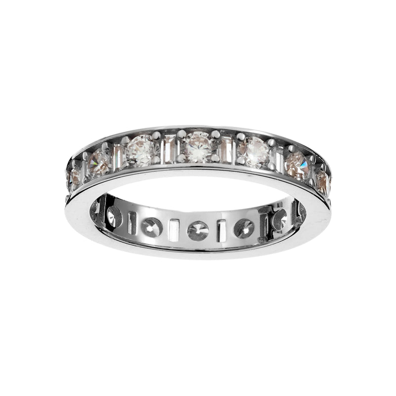 Sophia -Silver eternity band alternating pattern of round brilliant-cut and baguette-cut Cubic Zirconia's