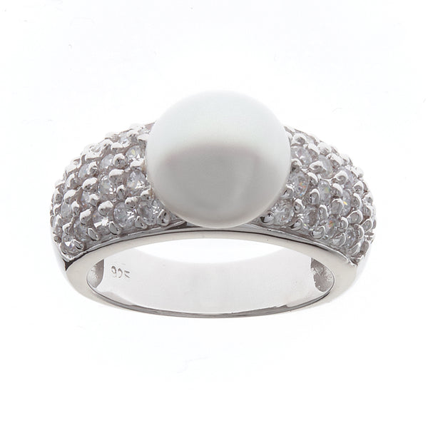 Rhodium cz & freshwater pearl ring