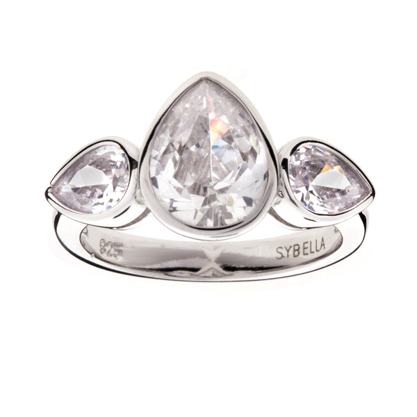 Michelle - Rhodium plate & pearl shaped Clear Cubic Zirconia Ring
