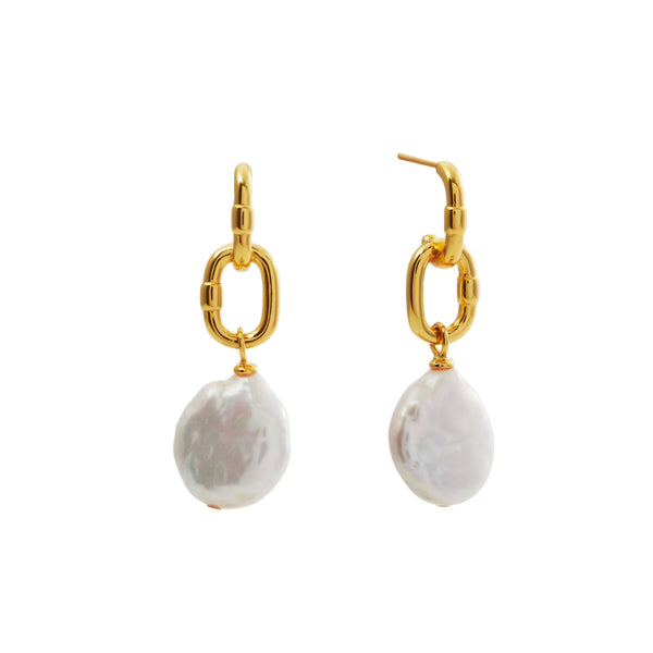 Mimi Freshwater Coin Pearl & Gold Link Drop Earrings