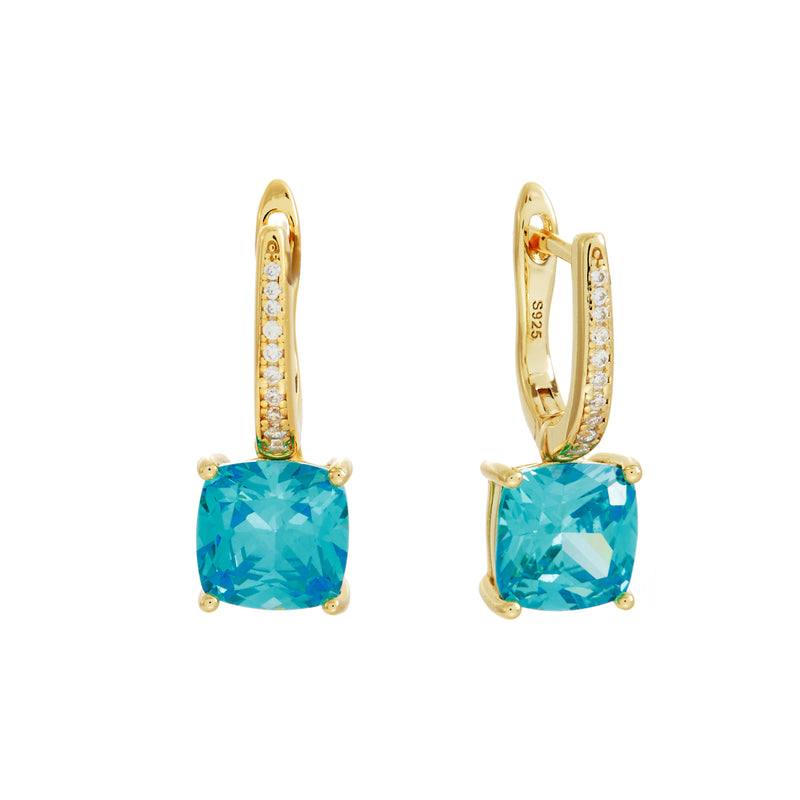 Iris Sterling Gold Plate Hoop with Light Blue Square Cubic Zirconia Dress Earrings