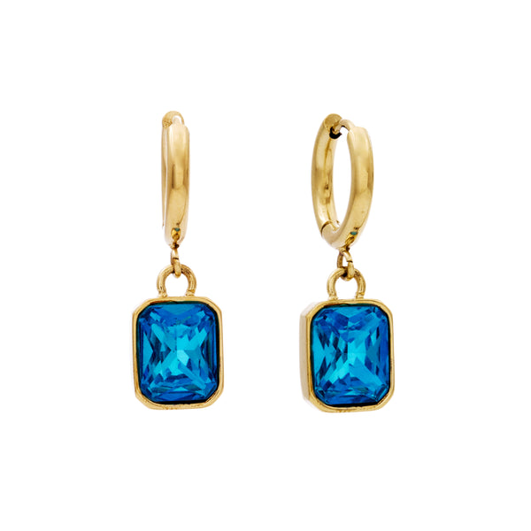 LUNA-Gold Plate Stainless Steel Drop Earring with Blue Rectangular CZ