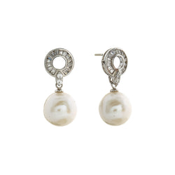 Teya Round Pearl Drop Earrings with Baguette Circle