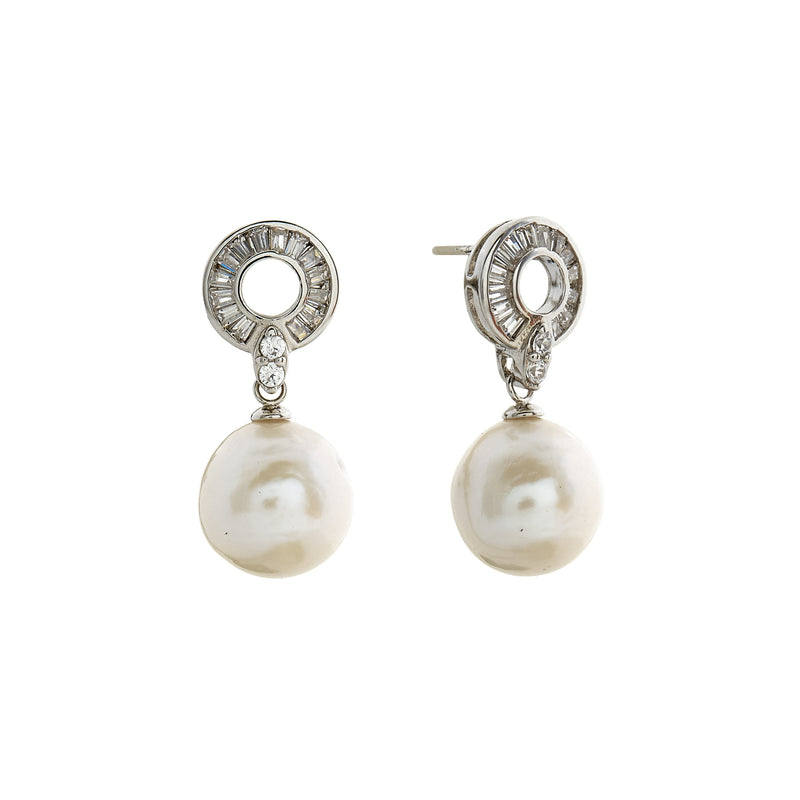Teya Round Pearl Drop Earrings with Baguette Circle
