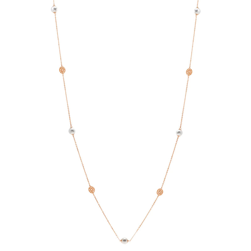 Long pearl and rose gold disc necklace