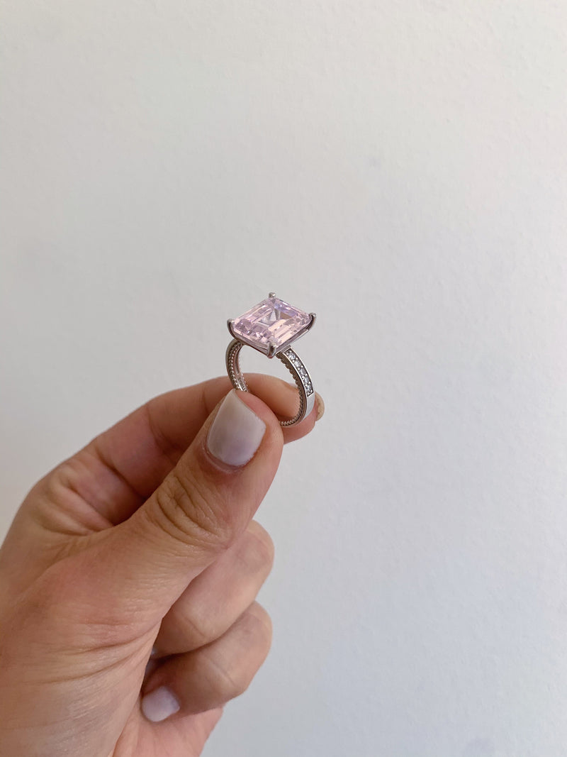 Pink Baguette Cut Silver Ring