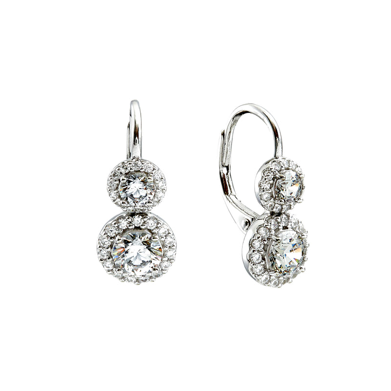 Daniela Rhodium plate, double cubic zirconia, round lever back earrings