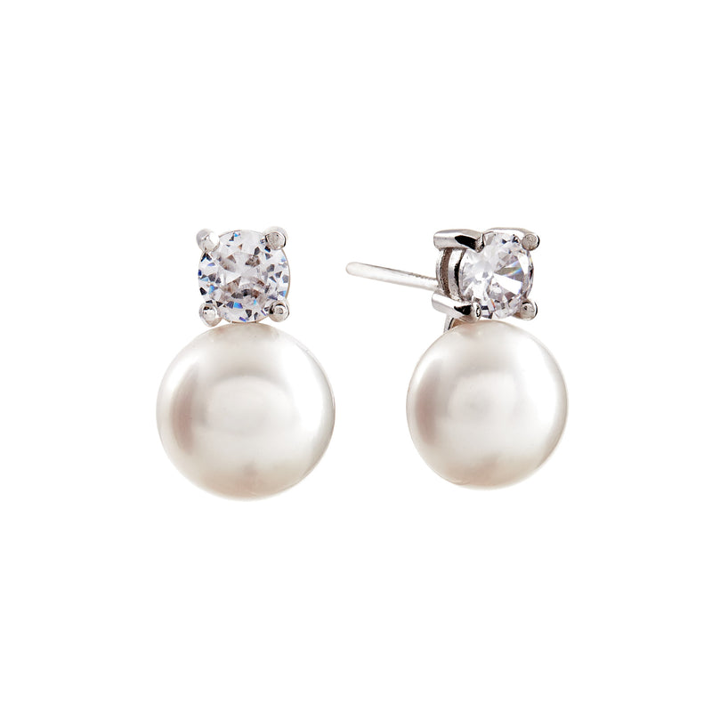 Arie Rhodium plate, freshwater pearl & CZ stud earrings
