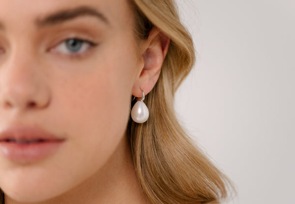 Emma White Baroque Pearl Earrings on Rhodium Hook