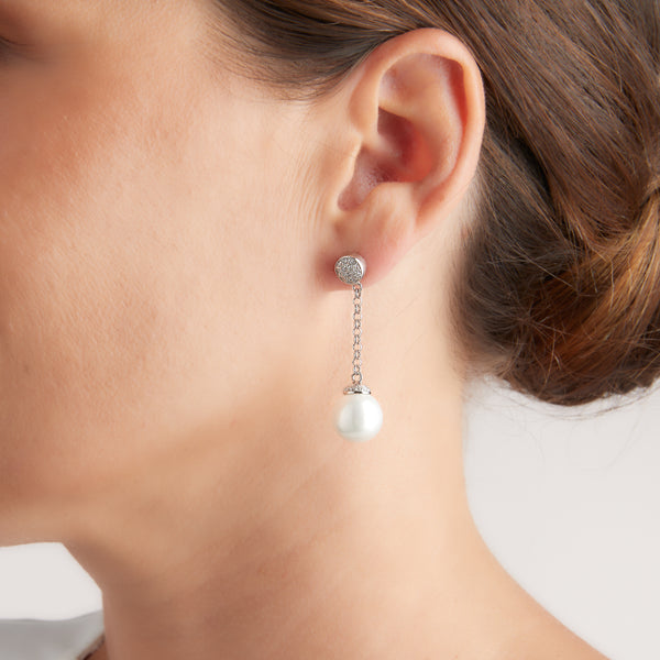 Christina Rhodium pearl & cz stud chain drop earrings