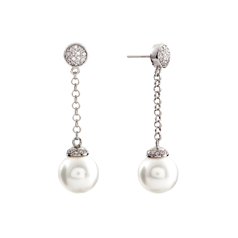 Christina Rhodium pearl & cz stud chain drop earrings