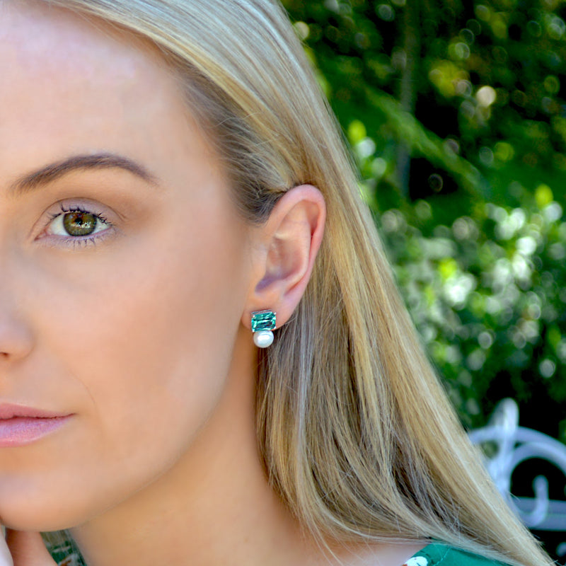 Chanelle Green Rectangle & Pearl Earrings