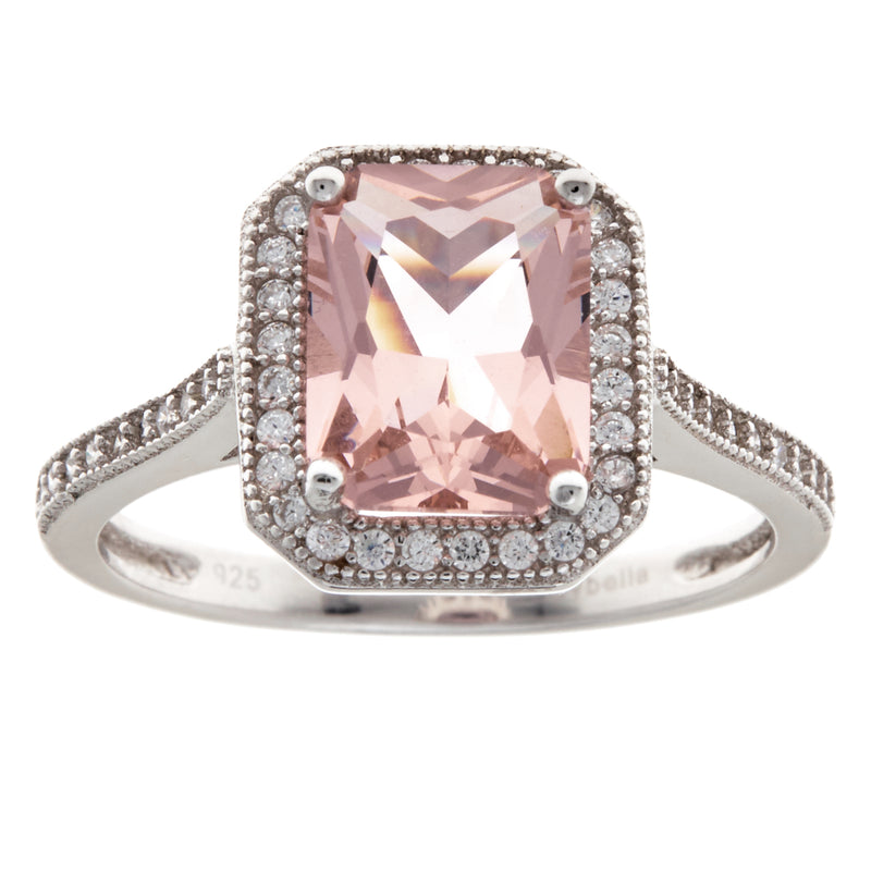 Silver ring with lite pink coloured rectangle center stone