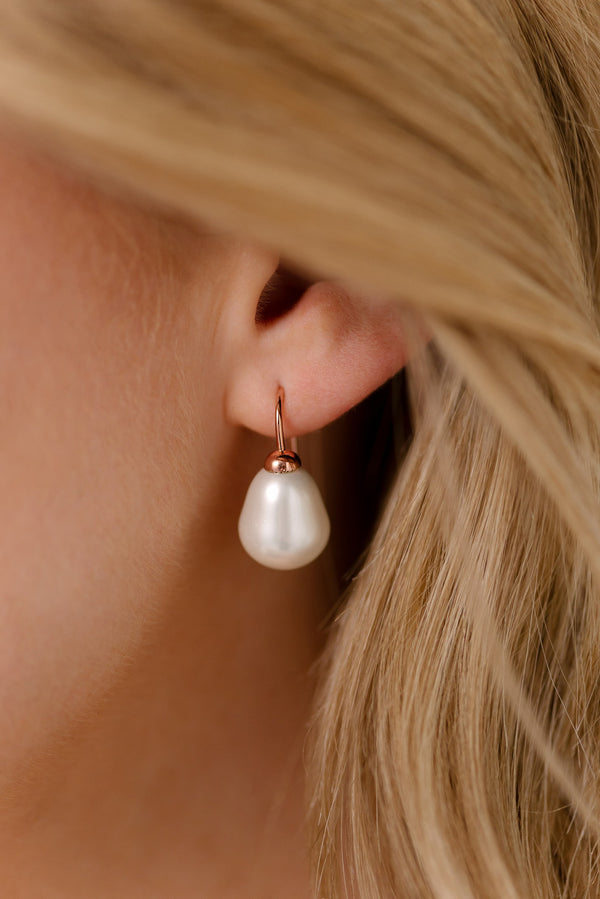 Callie Large Baroque White Pearl & Rose Gold Plate Hook Earrings