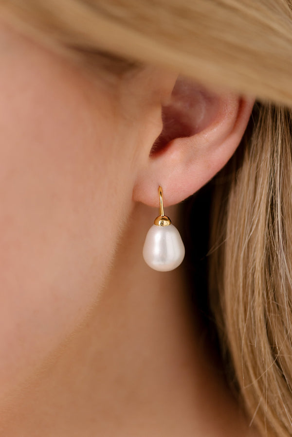 Callie Large Baroque White Pearl & Gold Hook Earrings